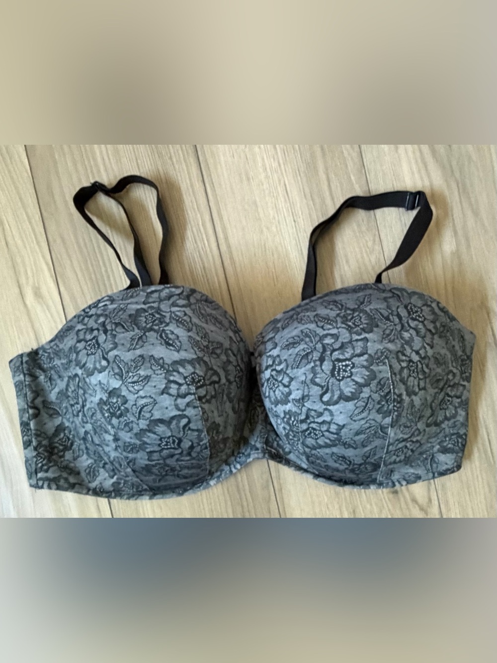 Cacique 44DDD Bra Black Modern Lace Padded Lined Floral Removable Straps